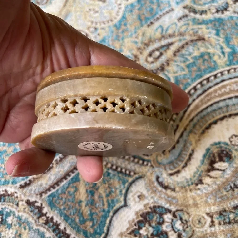 Carved Soapstone Trinket Box Mother of Pearl Inlay Oval Lattice Vintage